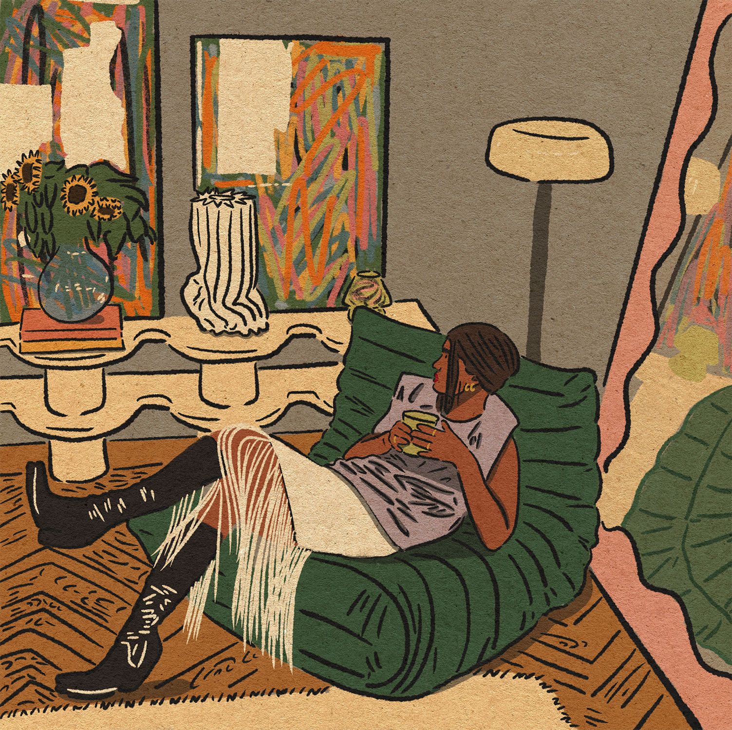 Tatyana Alanis illustration of a woman relaxing in a green armchair