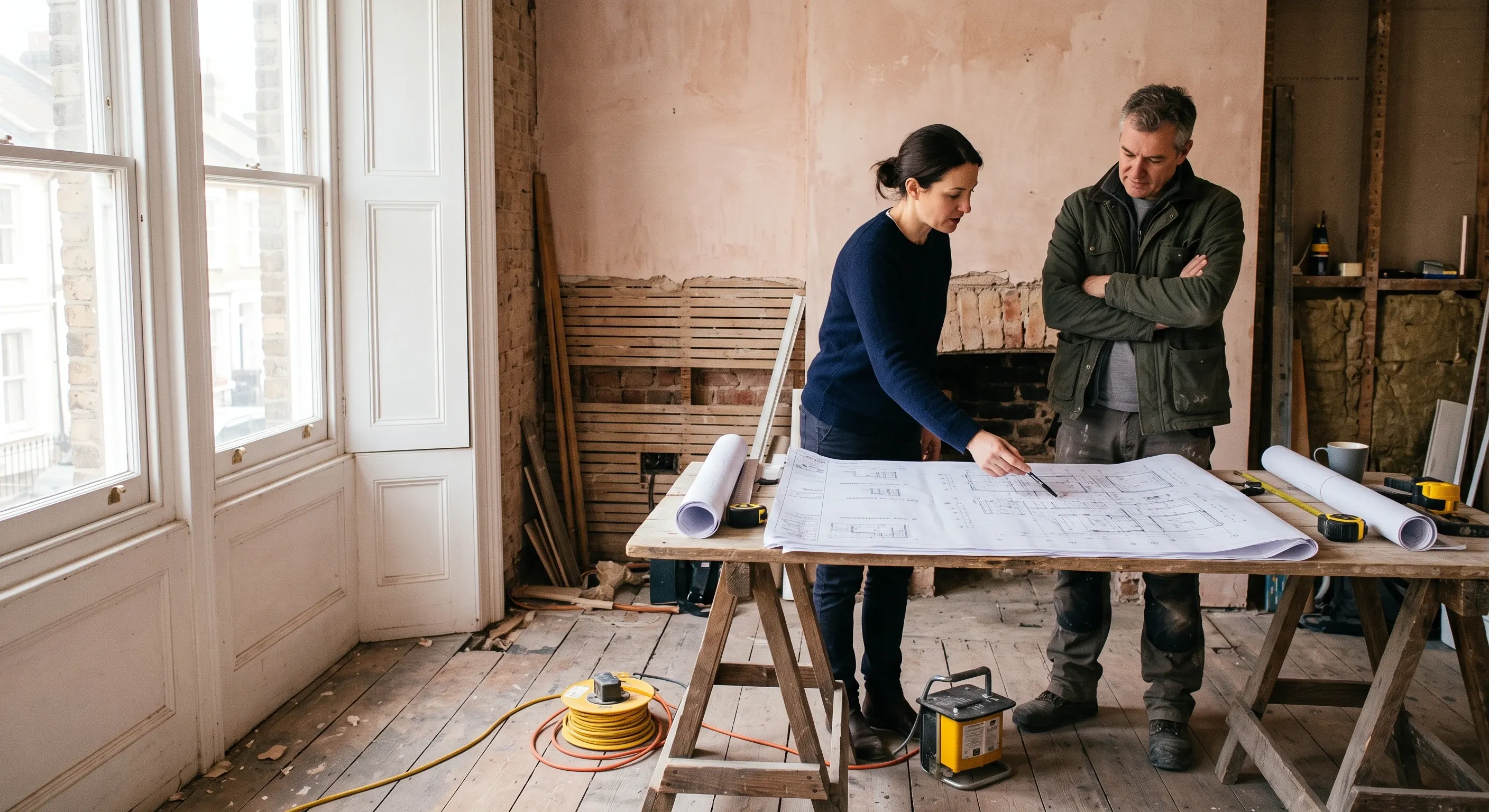 A build advisor and a builder standing over drawings on a trestle table in a stripped room.