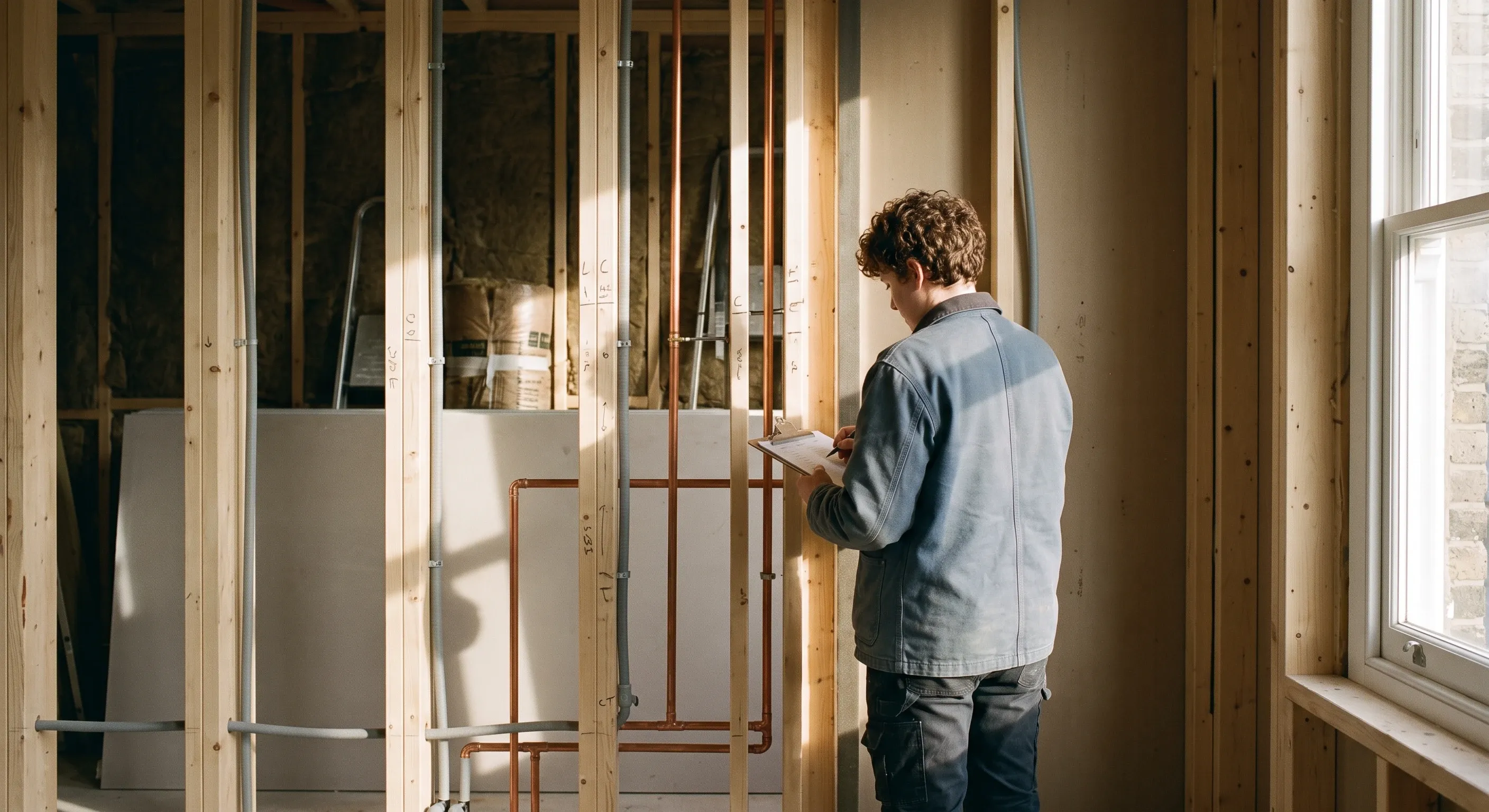 A person holding a clipboard checking first-fix pipework and cabling in an open stud wall.