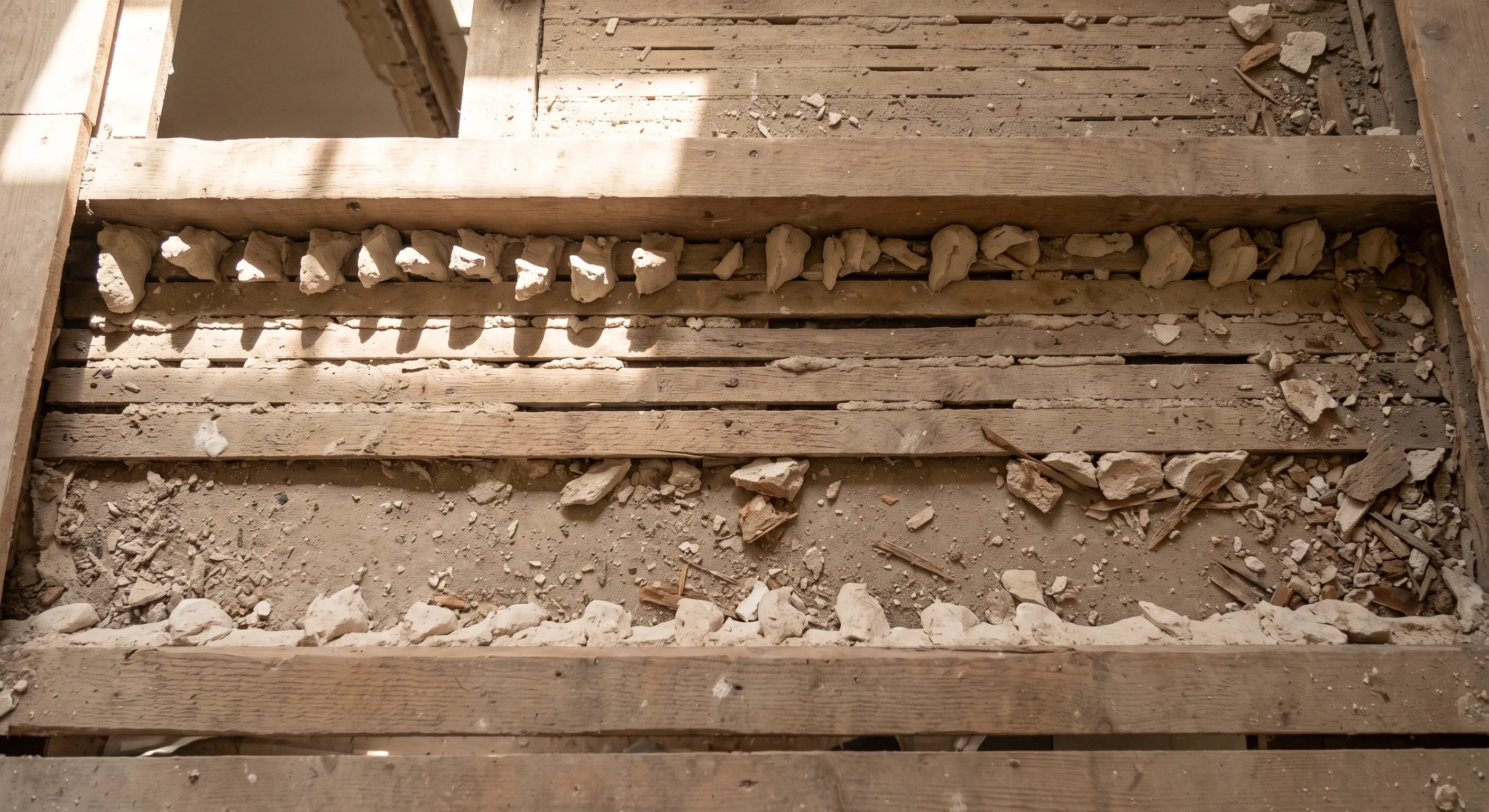 A lath and plaster ceiling seen from the joist bay above, showing the plaster nibs squeezed between the laths.
