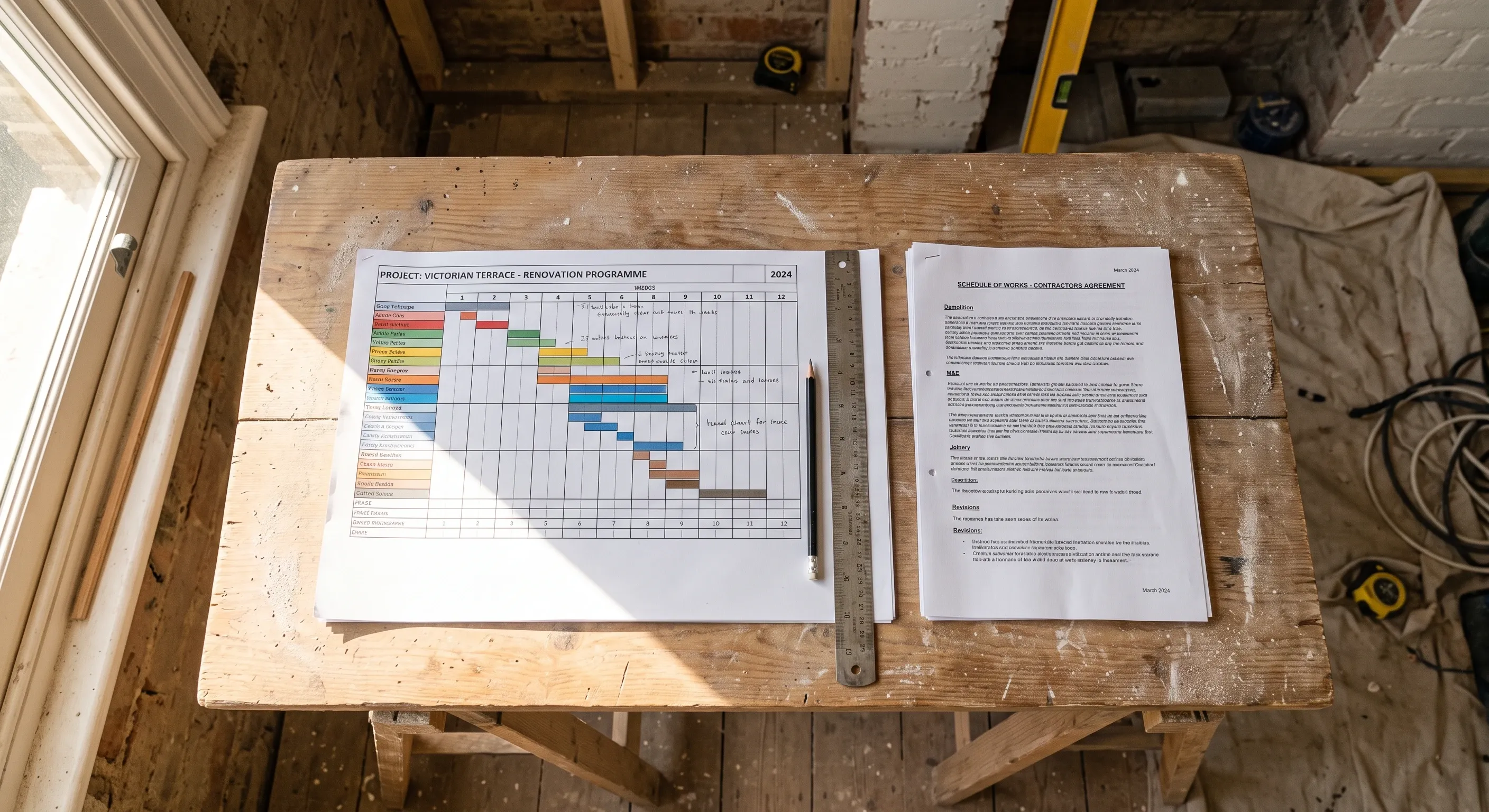 A printed programme and a schedule of works laid out on a table on site.