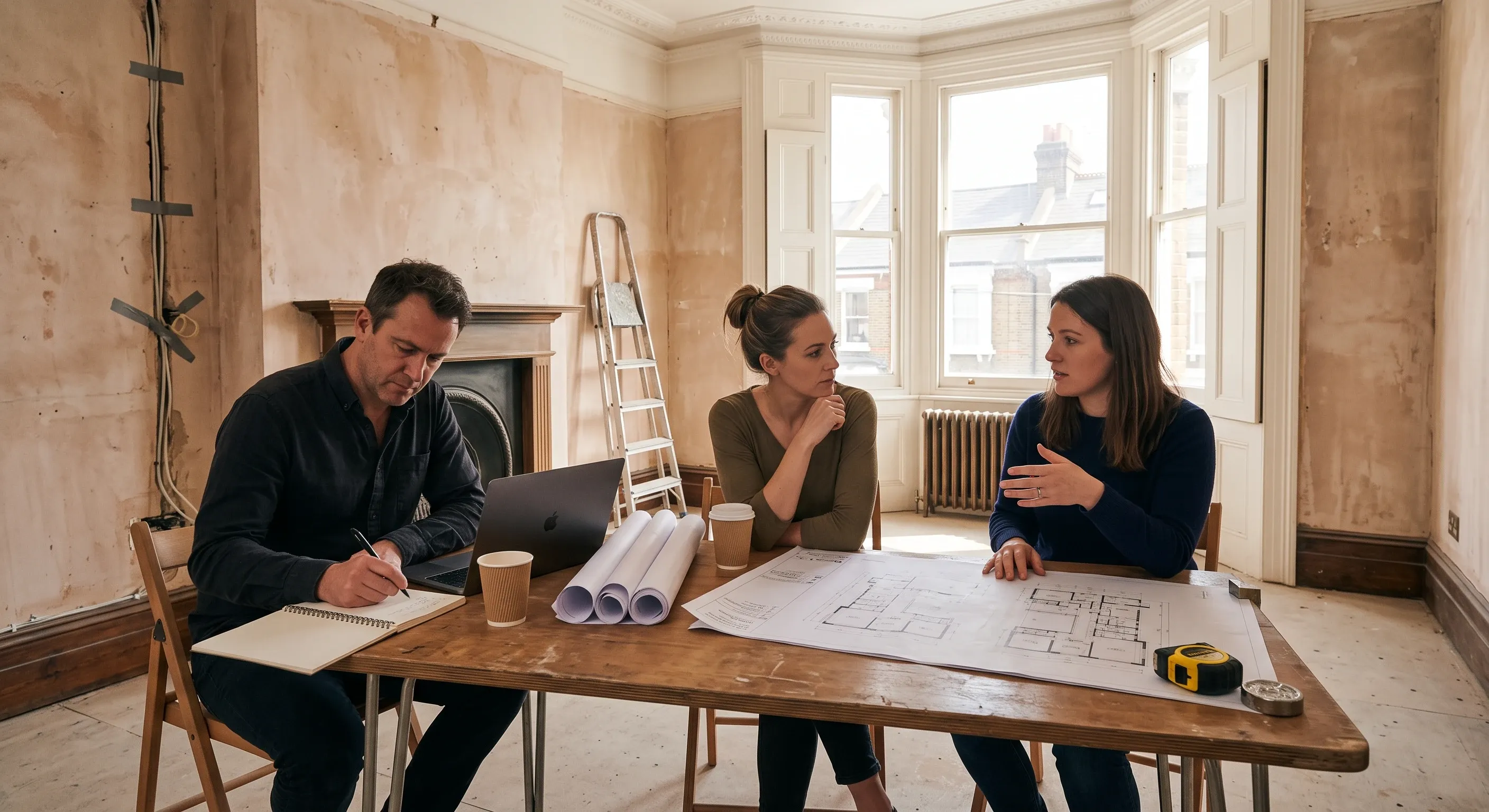Three people in a site meeting around a folding table covered in plans and a laptop.