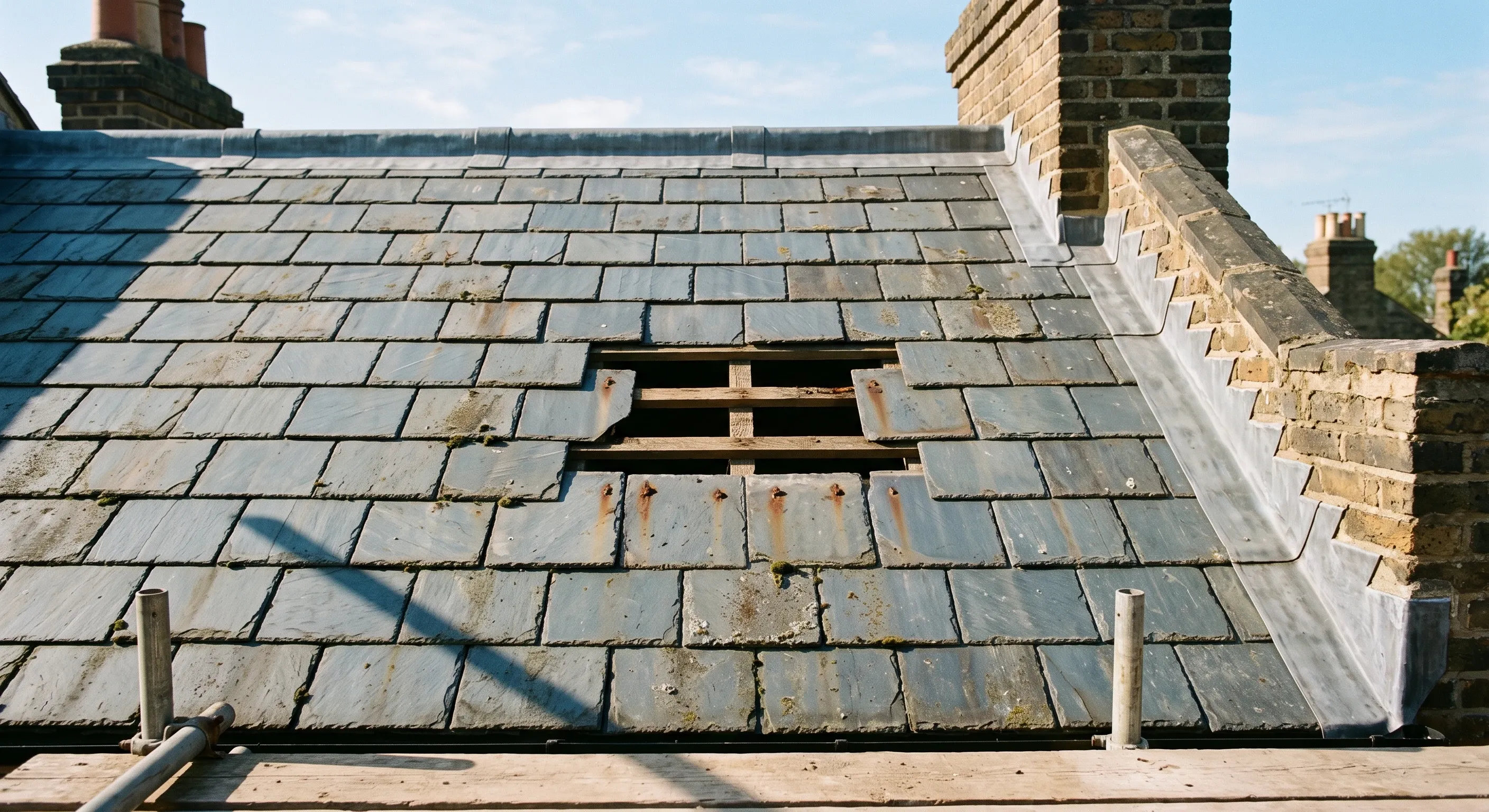 A Victorian slate roof with several slipped slates and rusted nail heads visible along the battens.