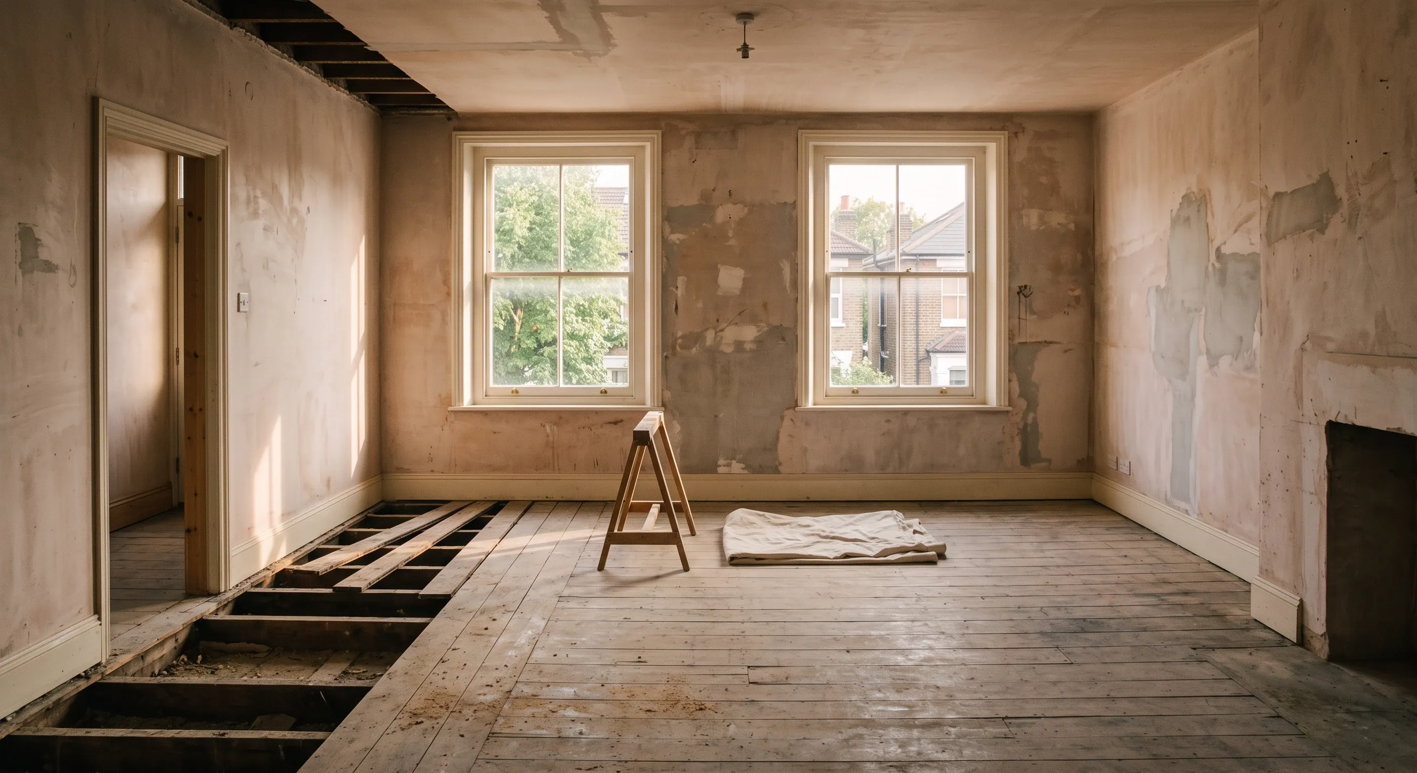 A wide view of a stripped London terrace room part-way through renovation.
